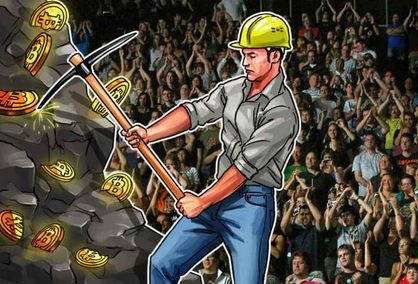 A miner inspecting a Whatsminer ASIC rig in a mining farm setting.