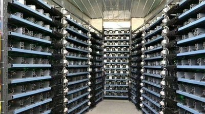 Expansive cryptocurrency mining farm with rows of ASIC miners operating at full capacity